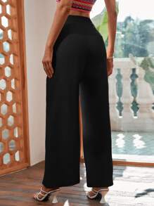 SHEIN VCAY Split Hem Wide Leg Trousers - Black - View 2