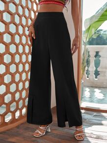 SHEIN VCAY Split Hem Wide Leg Trousers - Black - View 3