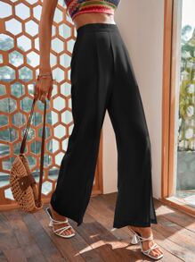 SHEIN VCAY Split Hem Wide Leg Trousers - Black - View 6