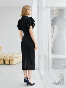 Modelyn Polyester tái chế Nhiều lớp Tay áo hình bướm Tách rời Váy bodycon - màu đen - Xem 2