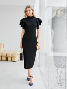 Modelyn Polyester tái chế Nhiều lớp Tay áo hình bướm Tách rời Váy bodycon - màu đen - Xem 3