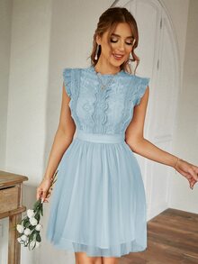 Simplee Women's Solid Color Sleeveless Lace Patchwork Short Dress, Suitable For 4th Of July, Birthday - Baby Blue - View 3