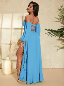 SHEIN SXY 一字肩燈籠袖鏤空O形環細節不對稱下擺連衣裙 - 藍色 - 查看 2