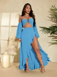 SHEIN SXY 一字肩燈籠袖鏤空O形環細節不對稱下擺連衣裙 - 藍色 - 查看 4