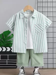 SHEIN 小男童條紋圖案襯衫和短褲附背心 - 彩色 - 查看 1