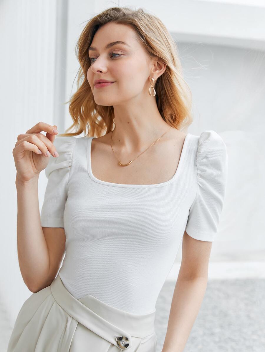 SHEIN Privé Polyester tái chế Ống tay áo Gân đan Áo thun