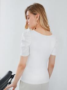 SHEIN Privé Polyester tái chế Ống tay áo Gân đan Áo thun - trắng - Xem 3