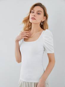 SHEIN Privé Polyester tái chế Ống tay áo Gân đan Áo thun - trắng - Xem 5
