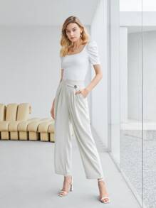 SHEIN Privé Polyester tái chế Ống tay áo Gân đan Áo thun - trắng - Xem 6