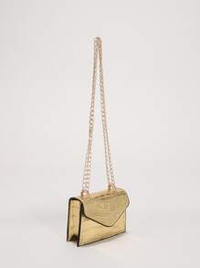 Bolso pequeño de cadena cuadrado de piel de imitación lisa con diseño minimalista y moderno, perfecto para cruzar o llevar debajo del brazo - Dorado - Ver 5