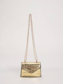 Bolso pequeño de cadena cuadrado de piel de imitación lisa con diseño minimalista y moderno, perfecto para cruzar o llevar debajo del brazo - Dorado - Ver 6