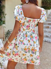 Butterfly & Floral Print Puff Sleeve Square Neck Dress - White - View 2