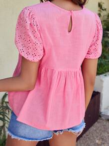 Áo sơ mi nữ Nút Viên lá sen Tranh thêu màu trơn Dễ thương - Hồng - Xem 3