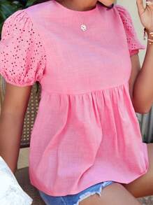 Áo sơ mi nữ Nút Viên lá sen Tranh thêu màu trơn Dễ thương - Hồng - Xem 4