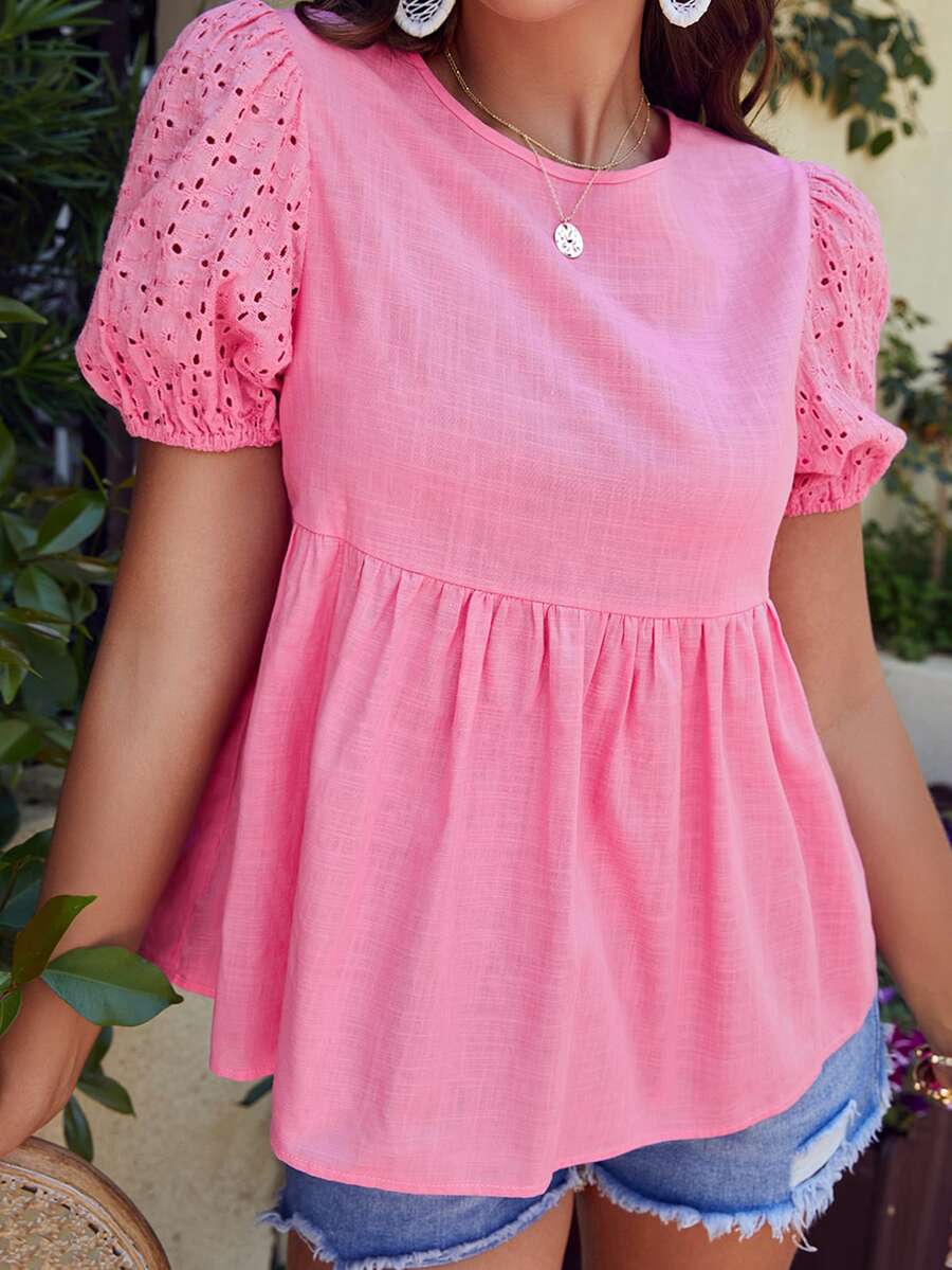 Áo sơ mi nữ Nút Viên lá sen Tranh thêu màu trơn Dễ thương - Hồng - Xem 1