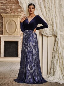 YISIKADO Open Back Floral Sequin Evening Gown - Navy Blue - View 1