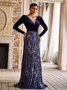 YISIKADO Open Back Floral Sequin Evening Gown - Navy Blue - View 3