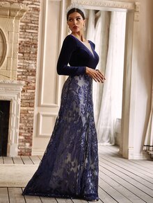 YISIKADO Open Back Floral Sequin Evening Gown - Navy Blue - View 4