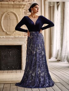 YISIKADO Open Back Floral Sequin Evening Gown - Navy Blue - View 7