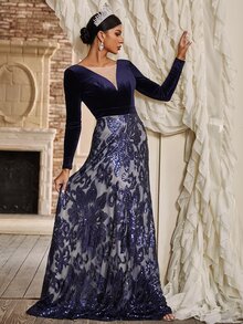 YISIKADO Open Back Floral Sequin Evening Gown - Navy Blue - View 8