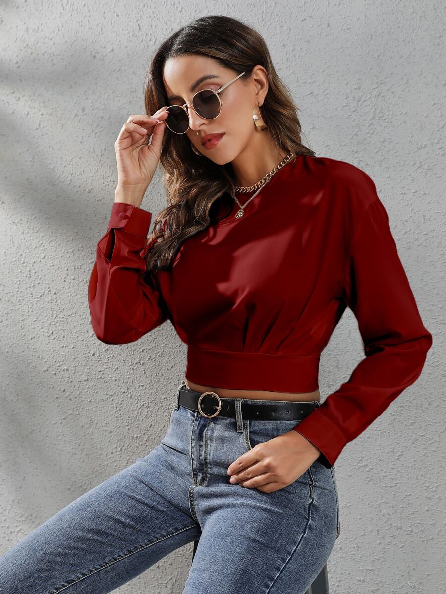 SHEIN LUNE Drop Shoulder Keyhole Back Crop Blouse - Burgundy - View 1