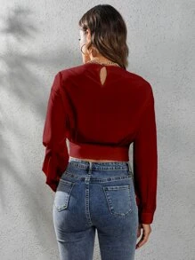 SHEIN LUNE Drop Shoulder Keyhole Back Crop Blouse - Burgundy - View 2
