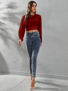 SHEIN LUNE Drop Shoulder Keyhole Back Crop Blouse - Burgundy - View 3