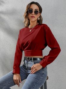 SHEIN LUNE Drop Shoulder Keyhole Back Crop Blouse - Burgundy - View 4