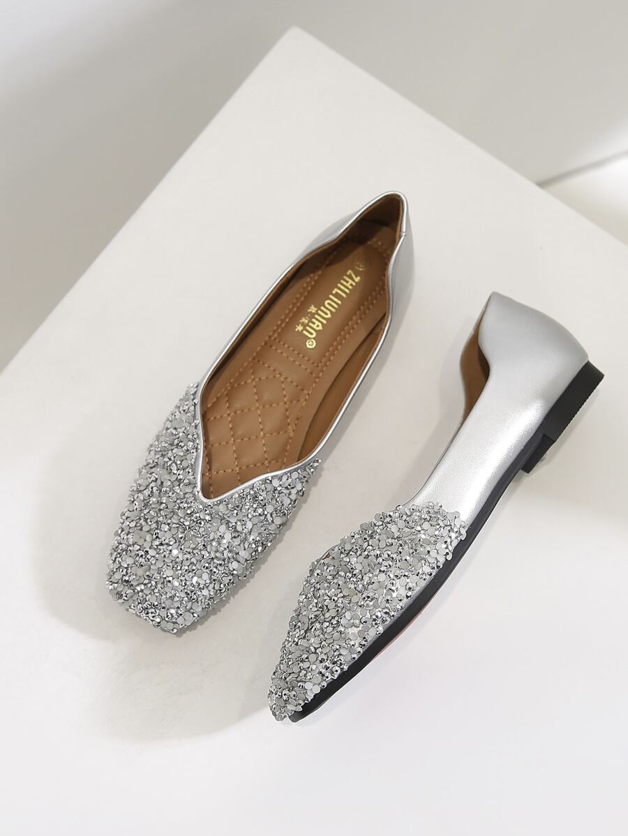 Rhinestone Decor Square Toe Ballet Flats - Silver - View 1