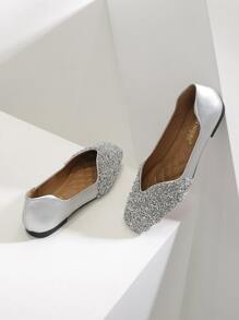 Rhinestone Decor Square Toe Ballet Flats - Silver - View 2