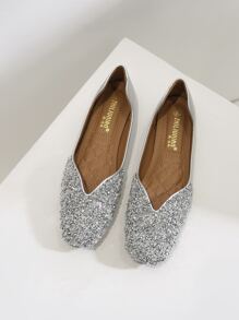 Rhinestone Decor Square Toe Ballet Flats - Silver - View 3