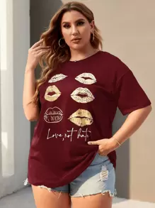SHEIN LUNE Camiseta larga con estampado de labio de hombros caídos - Burdeos - Ver 1