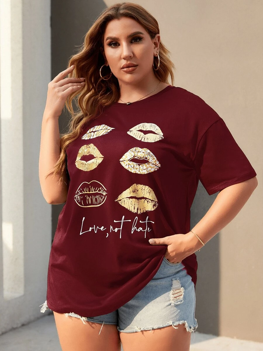 SHEIN LUNE Camiseta larga con estampado de labio de hombros caídos - Burdeos - Ver 1