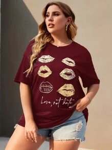 SHEIN LUNE Camiseta larga con estampado de labio de hombros caídos - Burdeos - Ver 3