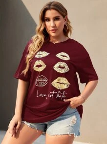 SHEIN LUNE Camiseta larga con estampado de labio de hombros caídos - Burdeos - Ver 4