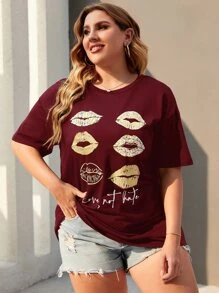 SHEIN LUNE Camiseta larga con estampado de labio de hombros caídos - Burdeos - Ver 5