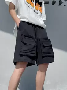 Manfinity Hombres Shorts con bolsillo con solapa de cintura con cordón - Negro - Ver 1