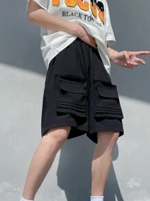 Manfinity Hombres Shorts con bolsillo con solapa de cintura con cordón - Negro - Ver 3