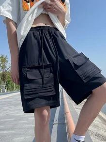 Manfinity Hombres Shorts con bolsillo con solapa de cintura con cordón - Negro - Ver 4