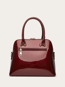 zijinling 人造漆皮圓頂包紅色雙手柄拉鍊 - 酒紅色 - 查看 2