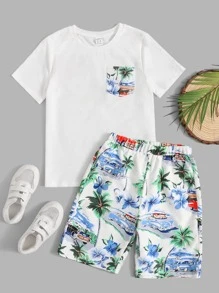 SHEIN 男孩棕櫚樹印花T恤和短褲 - 彩色 - 查看 1