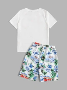 SHEIN 男孩棕櫚樹印花T恤和短褲 - 彩色 - 查看 2