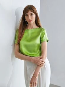 MOTF PREMIUM 100% SILK BOAT NECK TOP - Lime Green - View 4