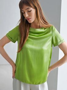 MOTF PREMIUM 100% SILK BOAT NECK TOP - Lime Green - View 5