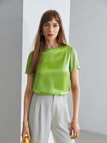 MOTF PREMIUM 100% SILK BOAT NECK TOP - Lime Green - View 7