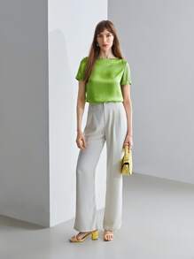 MOTF PREMIUM 100% SILK BOAT NECK TOP - Lime Green - View 9