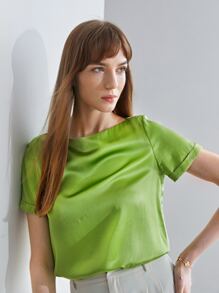MOTF PREMIUM 100% SILK BOAT NECK TOP - Lime Green - View 10