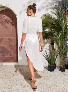 SHEIN Swim Áo che Nữ màu trơn - trắng - Xem 2