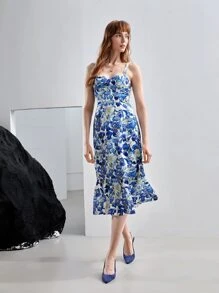 MOTF X Van Gogh INSPIRED SILK CORSET MIDI DRESS - Blue and White - View 9