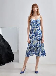 MOTF X Van Gogh INSPIRED SILK CORSET MIDI DRESS - Blue and White - View 2